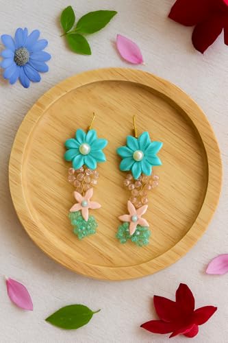 Handmade Turquoise Flower Earrings for Women | Clay & Bead Dangle Earrings | Boho Jewelry Gift