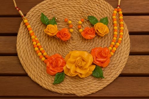 TAHERA Floral Haldi Mehndi Jewellery Set, Yellow Necklace & Earrings, Handmade Wedding Bridal Accessories for Women