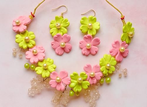 TAHERA Handcrafted Floral Necklace and Earrings Set, Blush Pink and Pistachio Green, Wedding Jewellery