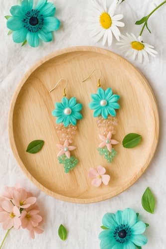 Handmade Turquoise Flower Earrings for Women | Clay & Bead Dangle Earrings | Boho Jewelry Gift
