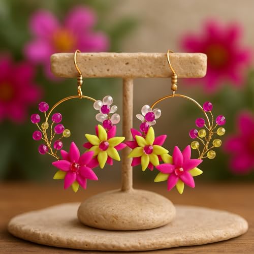 Tahera Handmade Floral Hoop Earrings – Pink Clay Flower Jewelry for Women & Girls – Lightweight & Unique Boho Gift Idea