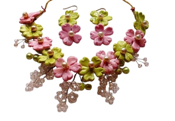 TAHERA Handcrafted Floral Necklace and Earrings Set, Blush Pink and Pistachio Green, Wedding Jewellery