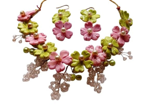 TAHERA Handcrafted Floral Necklace and Earrings Set, Blush Pink and Pistachio Green, Wedding Jewellery