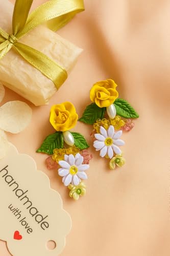 Tahera Handcrafted Yellow Rose Earrings | Haldi Floral Beaded Danglers | Mehndi Lightweight Boho Festive Jewelry.