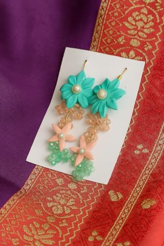 Handmade Turquoise Flower Earrings for Women | Clay & Bead Dangle Earrings | Boho Jewelry Gift