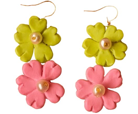 Tahera Trendy Handmade Floral Earrings, Aesthetic Clay Flower Dangles with Pearl – Lightweight Boho Drop Earrings for Girls for Daily use.