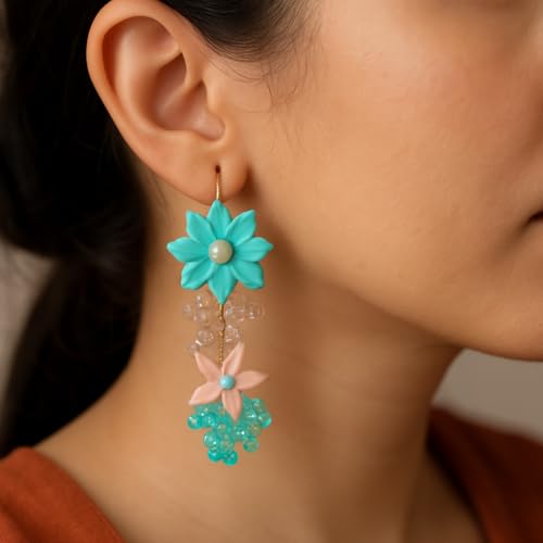 Handmade Turquoise Flower Earrings for Women | Clay & Bead Dangle Earrings | Boho Jewelry Gift