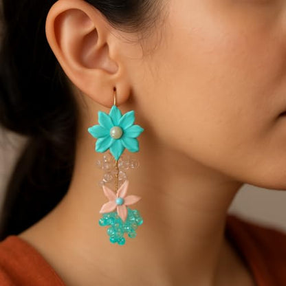 Handmade Turquoise Flower Earrings for Women | Clay & Bead Dangle Earrings | Boho Jewelry Gift