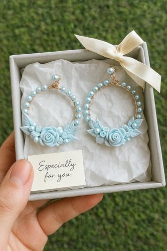 Handmade Turquoise Floral Hoop Earrings – Clay Roses & Beads | Lightweight Boho Statement Jewelry for Women & Girls | Ethnic & Festive Accessories