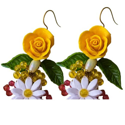 Tahera Handcrafted Yellow Rose Earrings | Haldi Floral Beaded Danglers | Mehndi Lightweight Boho Festive Jewelry.
