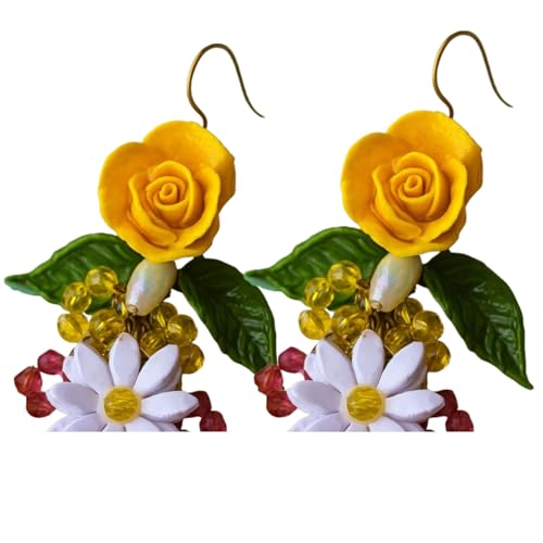 Tahera Handcrafted Yellow Rose Earrings | Haldi Floral Beaded Danglers | Mehndi Lightweight Boho Festive Jewelry.