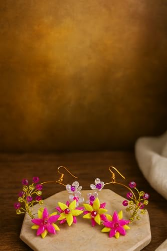 Tahera Handmade Floral Hoop Earrings – Pink Clay Flower Jewelry for Women & Girls – Lightweight & Unique Boho Gift Idea