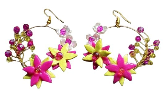 Tahera Handmade Floral Hoop Earrings – Pink Clay Flower Jewelry for Women & Girls – Lightweight & Unique Boho Gift Idea
