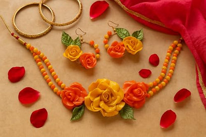 TAHERA Floral Haldi Mehndi Jewellery Set, Yellow Necklace & Earrings, Handmade Wedding Bridal Accessories for Women