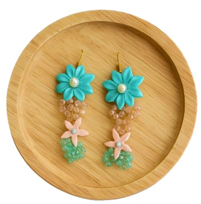 Handmade Turquoise Flower Earrings for Women | Clay & Bead Dangle Earrings | Boho Jewelry Gift