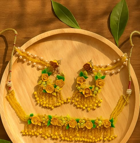 TAHERA Handicraft Haldi Jewelry Set for Bride | Wedding Mehndi Yellow Clay Flowers & Beads Necklace Earrings.