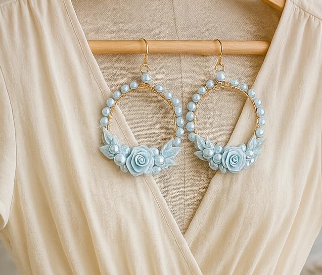 Handmade Turquoise Floral Hoop Earrings – Clay Roses & Beads | Lightweight Boho Statement Jewelry for Women & Girls | Ethnic & Festive Accessories