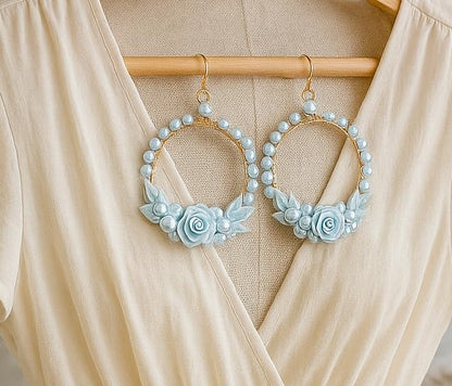 Handmade Turquoise Floral Hoop Earrings – Clay Roses & Beads | Lightweight Boho Statement Jewelry for Women & Girls | Ethnic & Festive Accessories