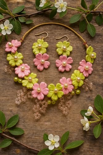 TAHERA Handcrafted Floral Necklace and Earrings Set, Blush Pink and Pistachio Green, Wedding Jewellery