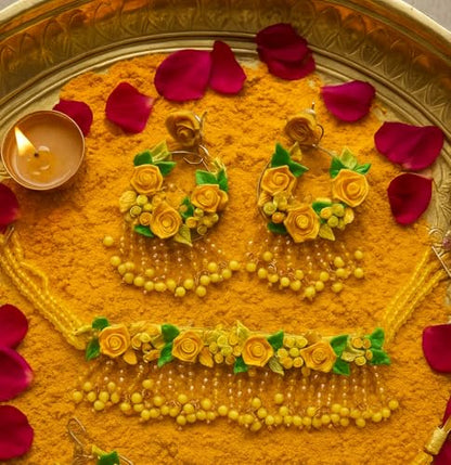 TAHERA Handicraft Haldi Jewelry Set for Bride | Wedding Mehndi Yellow Clay Flowers & Beads Necklace Earrings.