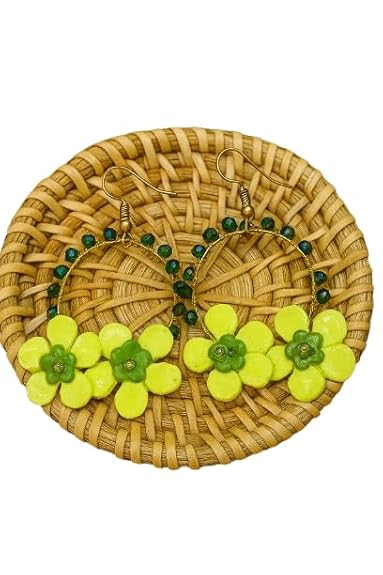Tahera Handcrafted Green Flower Hoop Earrings.