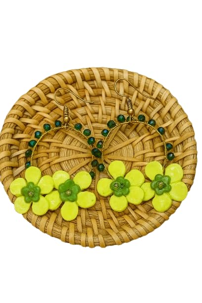 Tahera Handcrafted Green Flower Hoop Earrings for Women & Girls, Beaded Floral Statement Earrings | Lightweight Boho Ethnic Dangler Jewelry for Festive & Casual Wear