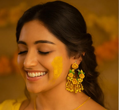 TAHERA Handicraft Haldi Jewelry Set for Bride | Wedding Mehndi Yellow Clay Flowers & Beads Necklace Earrings.