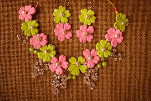 TAHERA Handcrafted Floral Necklace and Earrings Set, Blush Pink and Pistachio Green, Wedding Jewellery