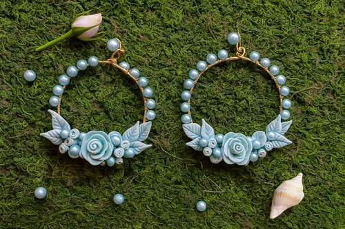 Handmade Turquoise Floral Hoop Earrings – Clay Roses & Beads | Lightweight Boho Statement Jewelry for Women & Girls | Ethnic & Festive Accessories