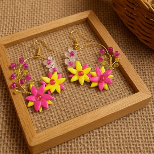 Tahera Handmade Floral Hoop Earrings – Pink Clay Flower Jewelry for Women & Girls – Lightweight & Unique Boho Gift Idea