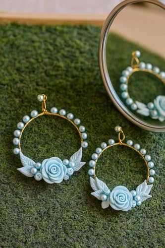 Handmade Turquoise Floral Hoop Earrings – Clay Roses & Beads | Lightweight Boho Statement Jewelry for Women & Girls | Ethnic & Festive Accessories