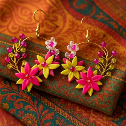 Tahera Handmade Floral Hoop Earrings – Pink Clay Flower Jewelry for Women & Girls – Lightweight & Unique Boho Gift Idea
