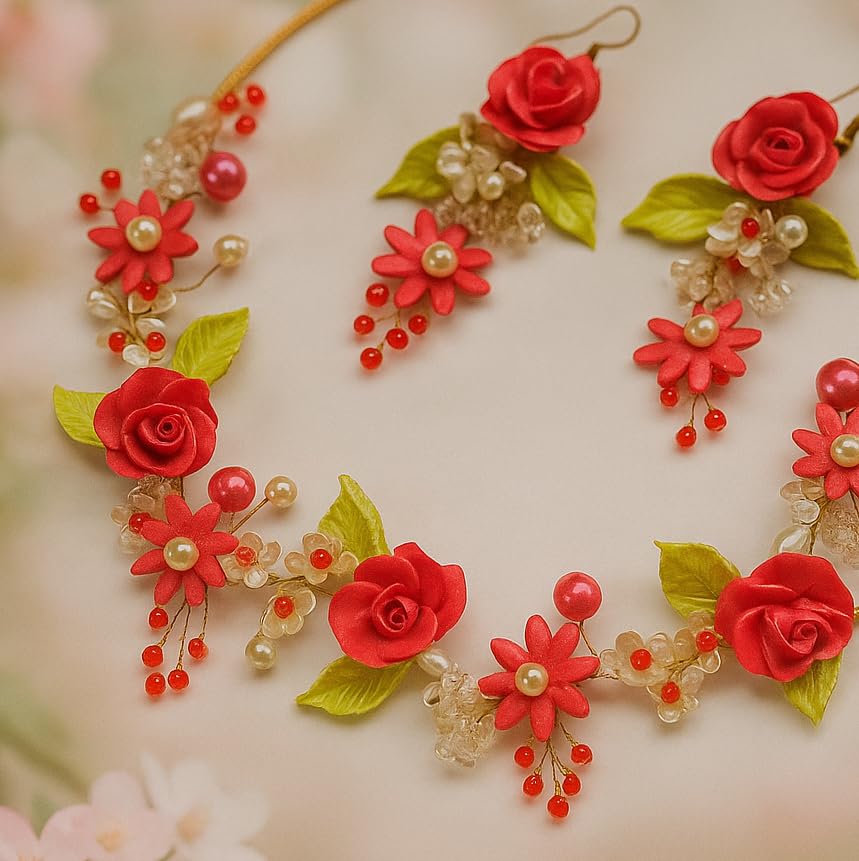 TAHERA Clay and Pearl Wedding Jewelry Set for Women, Tomato Red Rose Floral Handmade Necklace and Earrings for Rakshabandhan Gift.
