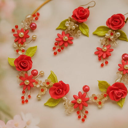TAHERA Clay and Pearl Wedding Jewelry Set for Women, Tomato Red Rose Floral Handmade Necklace and Earrings for Rakshabandhan Gift.
