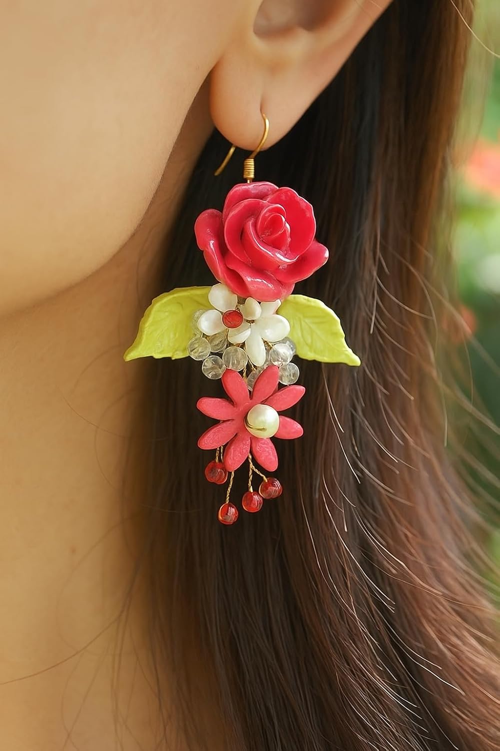 Handmade Floral Dangle Earrings for Women – Polymer Clay Rose & Bead Drop Earrings – Boho Statement Jewelry with Pink Flowers, Crystals & Leaves – Lightweight & Unique Gift for Her