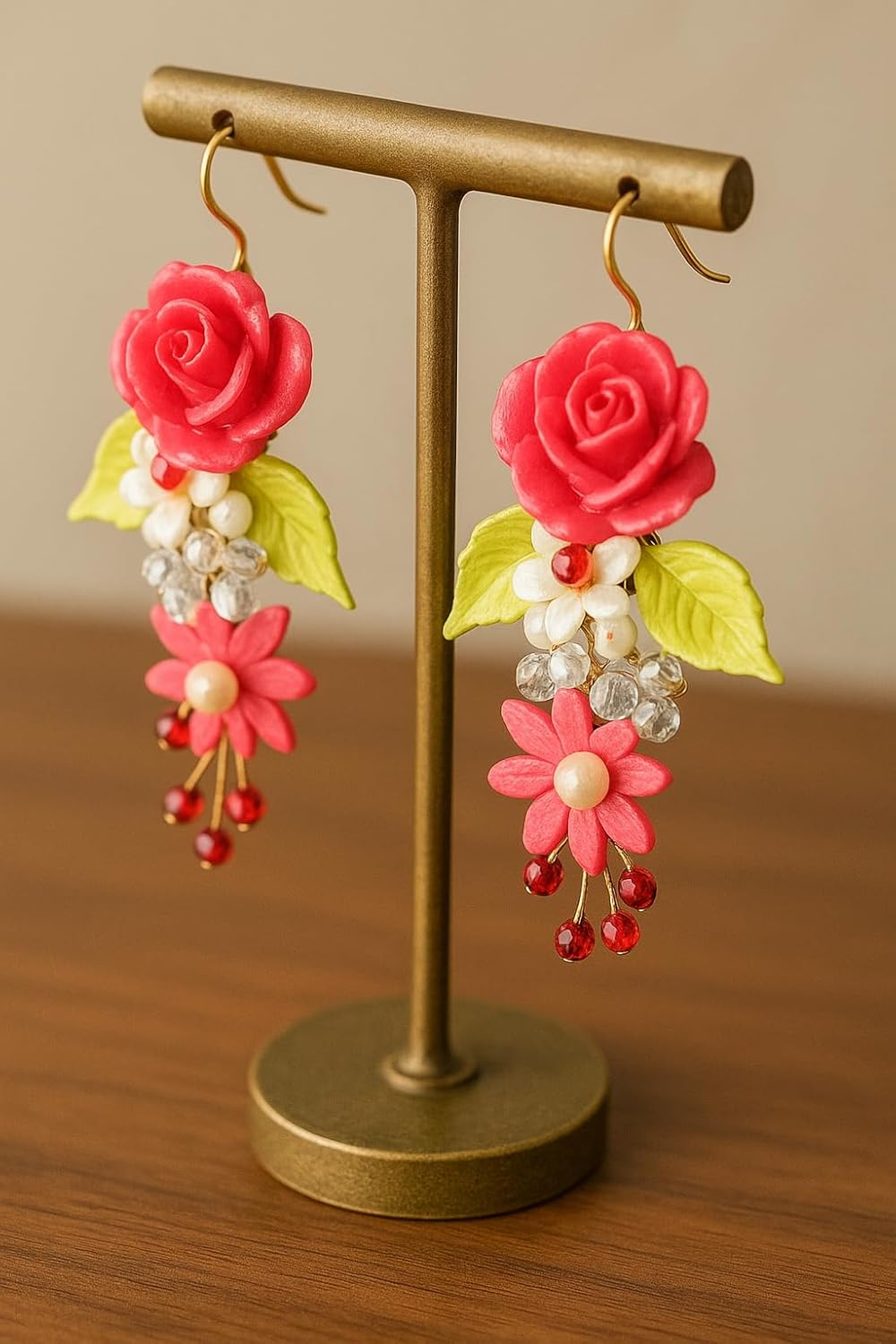 Handmade Floral Dangle Earrings for Women – Polymer Clay Rose & Bead Drop Earrings – Boho Statement Jewelry with Pink Flowers, Crystals & Leaves – Lightweight & Unique Gift for Her
