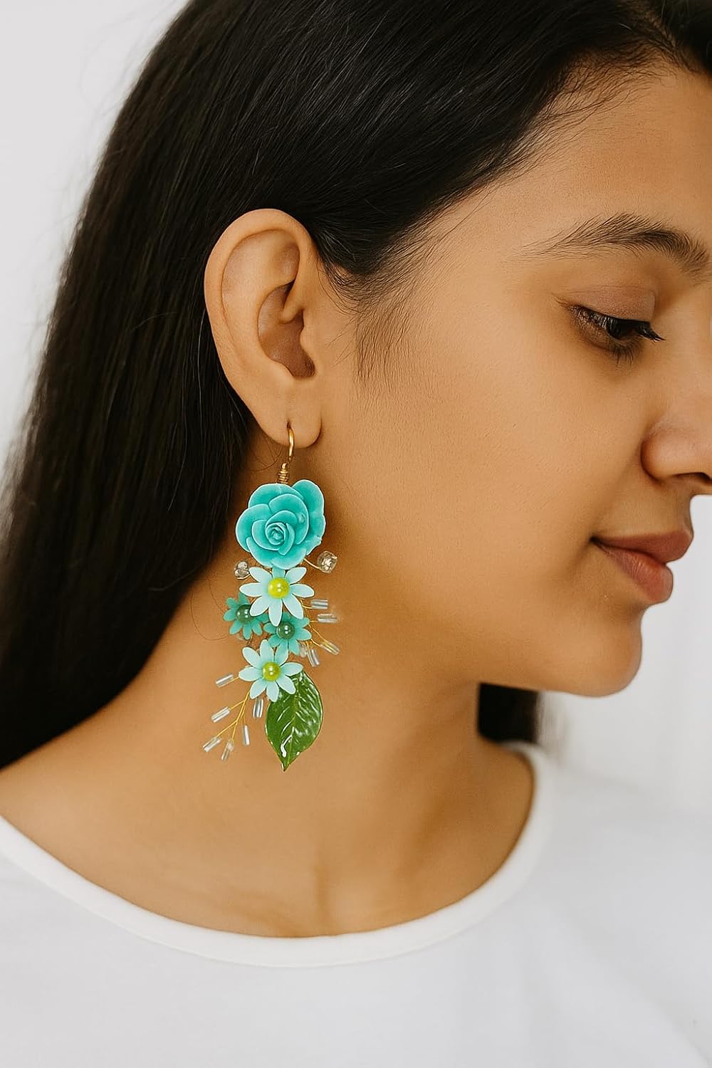 Tahera Handcrafted Floral Earrings for Women – Turquoise Flower Dangle Jewelry Rakshabandhan Gift Lightweight Handmade Earring.