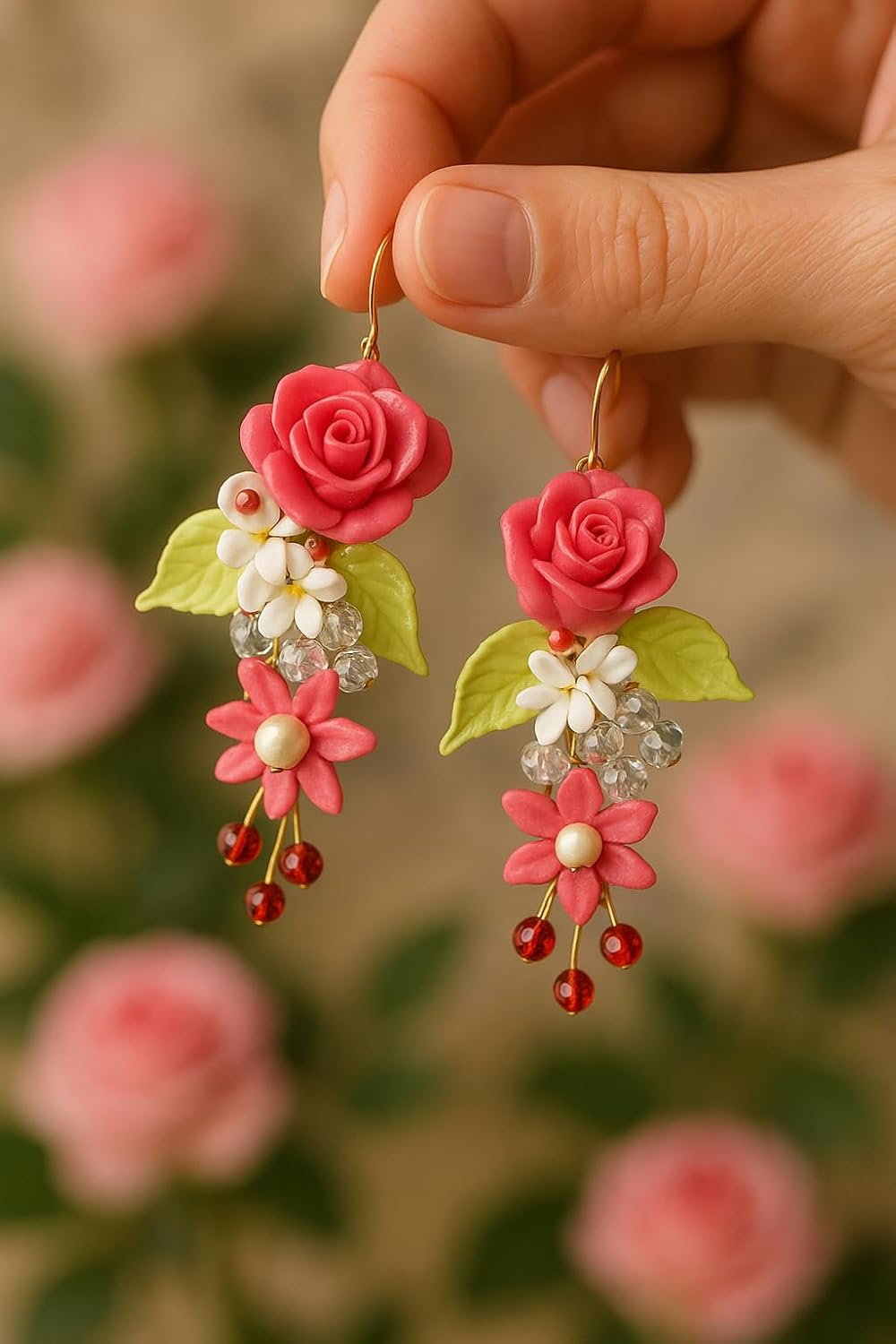 Handmade Floral Dangle Earrings for Women – Polymer Clay Rose & Bead Drop Earrings – Boho Statement Jewelry with Pink Flowers, Crystals & Leaves – Lightweight & Unique Gift for Her