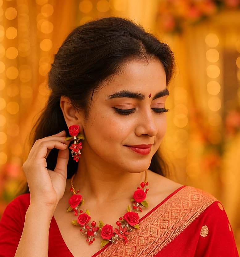 TAHERA Clay and Pearl Wedding Jewelry Set for Women, Tomato Red Rose Floral Handmade Necklace and Earrings for Rakshabandhan Gift.