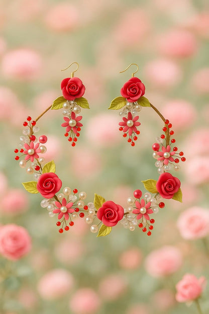 TAHERA Clay and Pearl Wedding Jewelry Set for Women, Tomato Red Rose Floral Handmade Necklace and Earrings for Rakshabandhan Gift.
