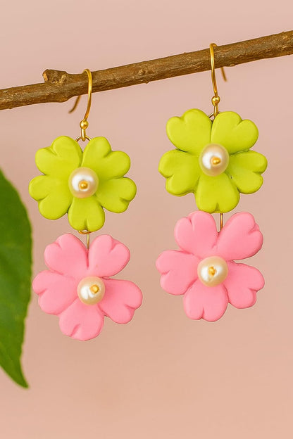 Tahera Trendy Handmade Floral Earrings, Aesthetic Clay Flower Dangles with Pearl – Lightweight Boho Drop Earrings for Girls for Daily use.