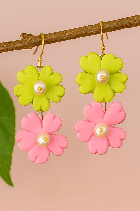 Tahera Trendy Handmade Floral Earrings, Aesthetic Clay Flower Dangles with Pearl – Lightweight Boho Drop Earrings for Girls for Daily use.