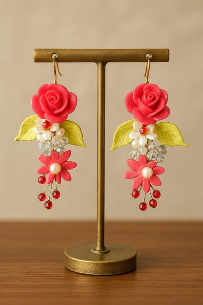 Handmade Floral Dangle Earrings for Women – Polymer Clay Rose & Bead Drop Earrings – Boho Statement Jewelry with Pink Flowers, Crystals & Leaves – Lightweight & Unique Gift for Her