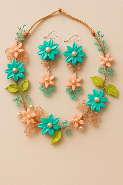 TAHERA Handmade Floral Necklace and Earrings Set, Turquoise and Peach Clay Beads, Wedding Jewellery