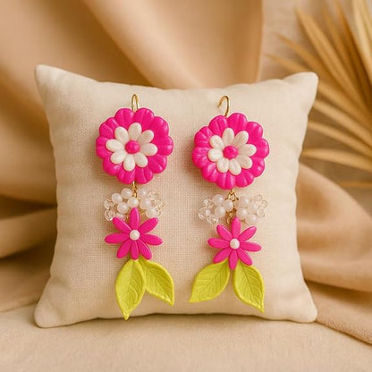 Handmade Pink Floral Dangle Earrings.