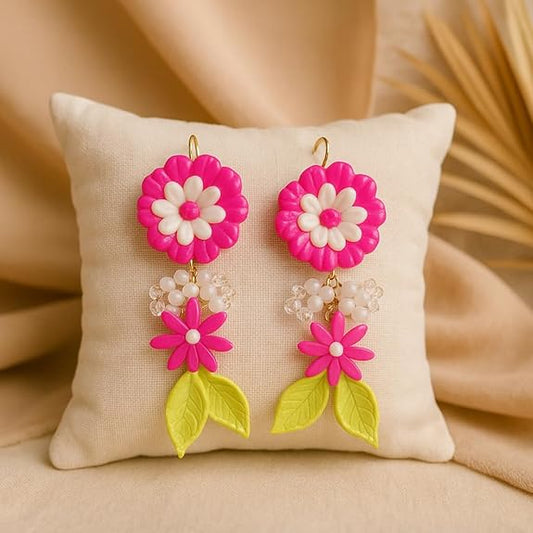 Handmade Pink Floral Dangle Earrings.