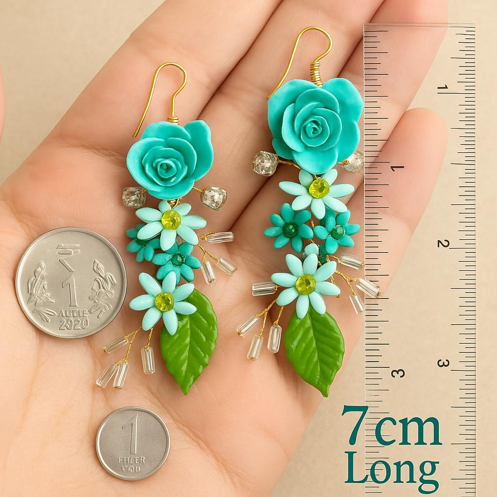 Tahera Handcrafted Floral Earrings for Women – Turquoise Flower Dangle Jewelry Rakshabandhan Gift Lightweight Handmade Earring.
