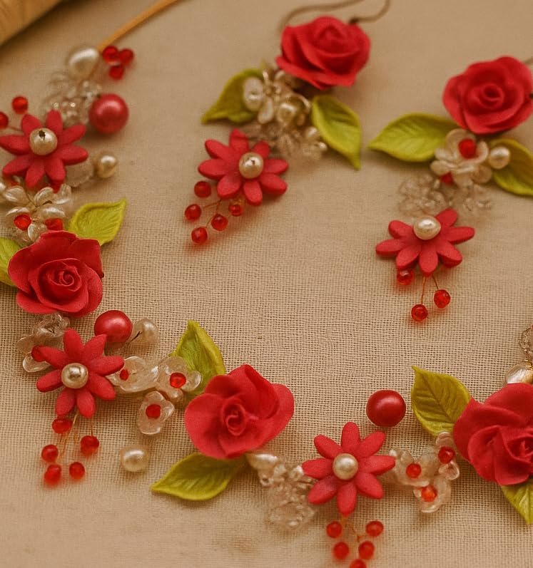 TAHERA Clay and Pearl Wedding Jewelry Set for Women, Tomato Red Rose Floral Handmade Necklace and Earrings for Rakshabandhan Gift.