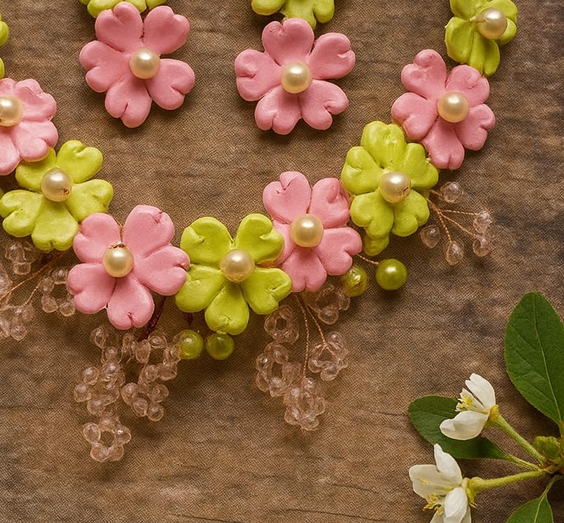 TAHERA Handcrafted Floral Necklace and Earrings Set, Blush Pink and Pistachio Green, Wedding Jewellery