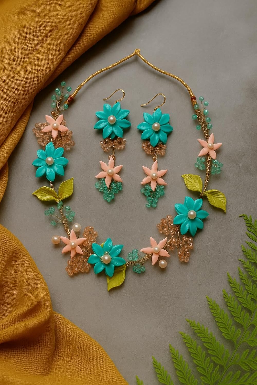 TAHERA Handmade Floral Necklace and Earrings Set, Turquoise and Peach Clay Beads, Wedding Jewellery